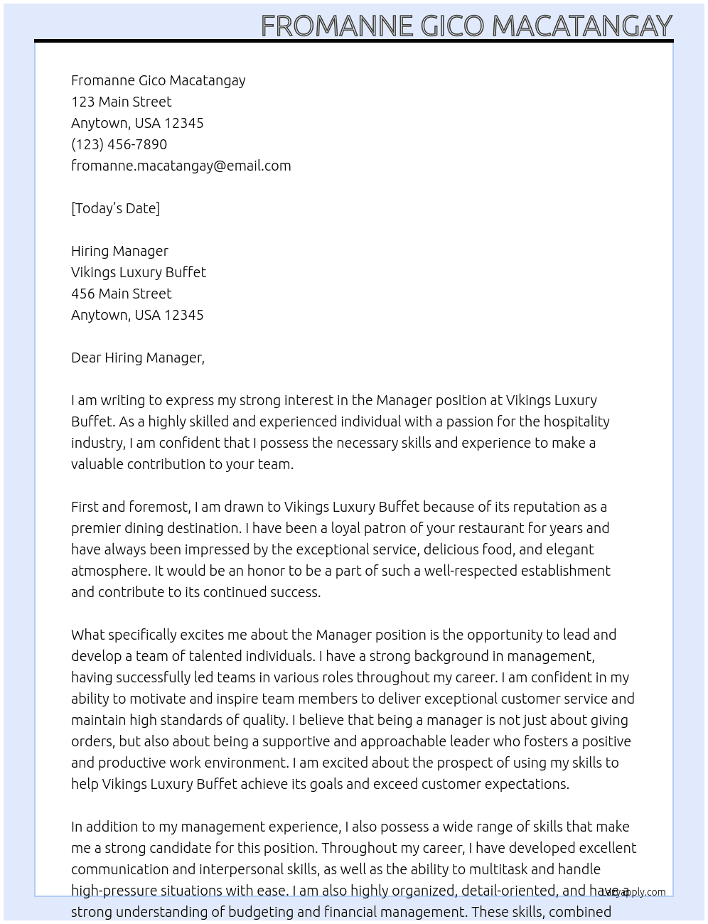 manager At Vikings Luxury Buffet Cover Letter