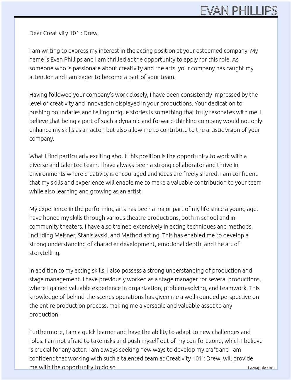 acting At Creativity 101': Drew Cover Letter