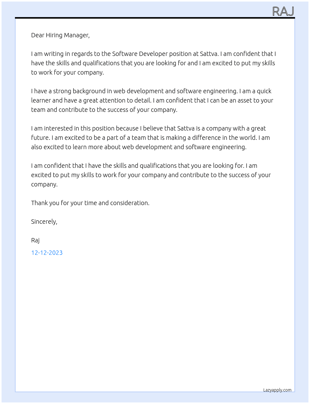 Software Developer At Sattva Cover Letter