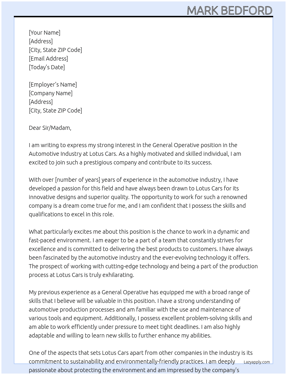 General Operative Automotive industry At Lotus Cars Cover Letter