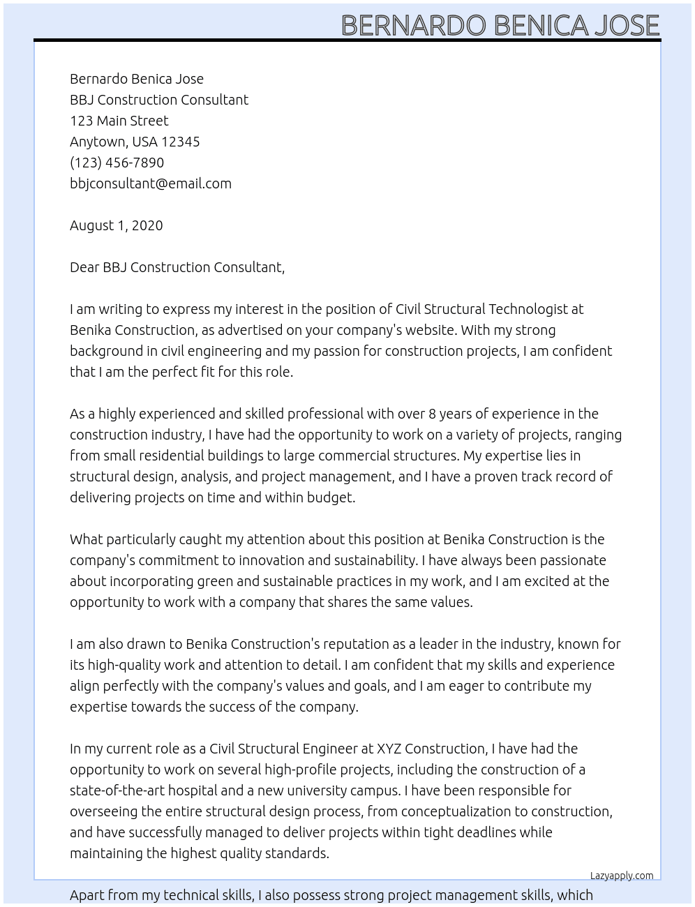 Civil Structural Technologist At Benika Construction  Cover Letter