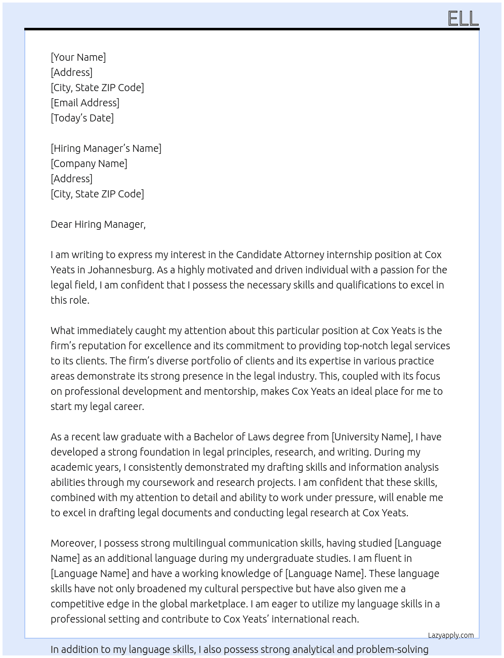 candidate attorney At Cox Yeats  Cover Letter