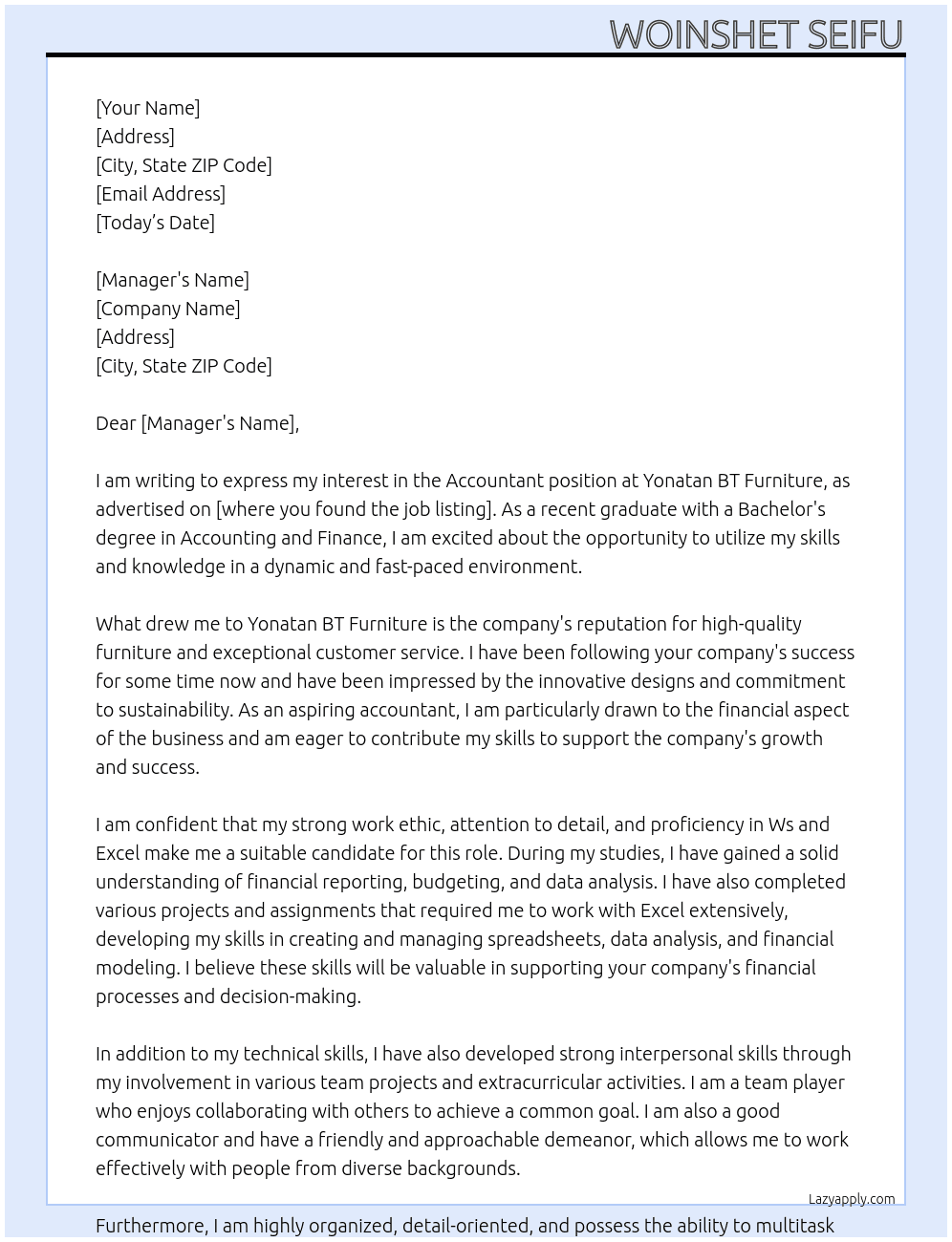 Accountant At Yonatan BT furniture Cover Letter