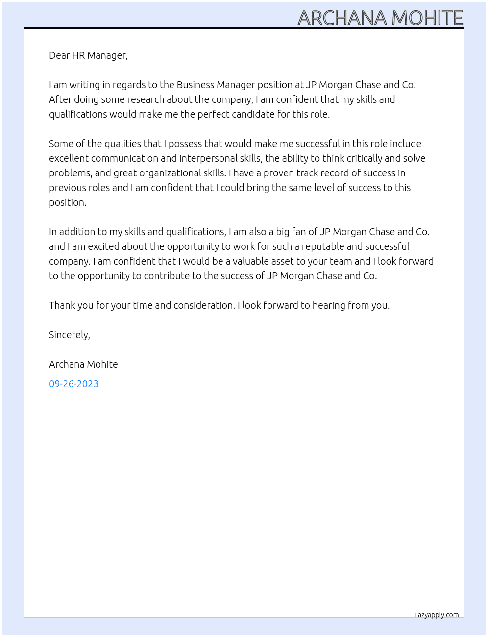 Business Manager At JP Morgan Chase and Co. Cover Letter