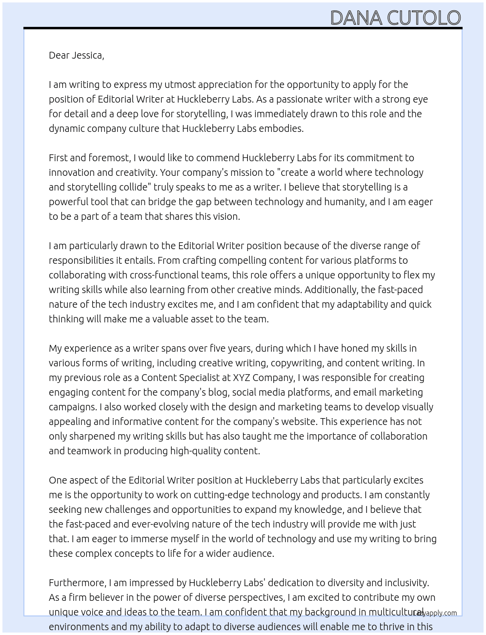 Editorial Writer At Huckleberry Labs Cover Letter
