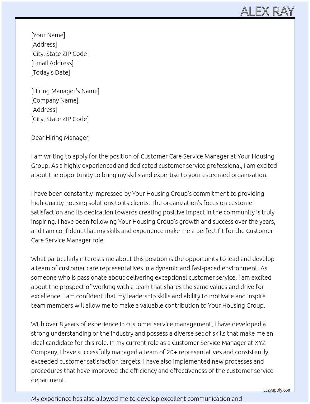 Customer Care Service Manager At Your Housing Group Cover Letter