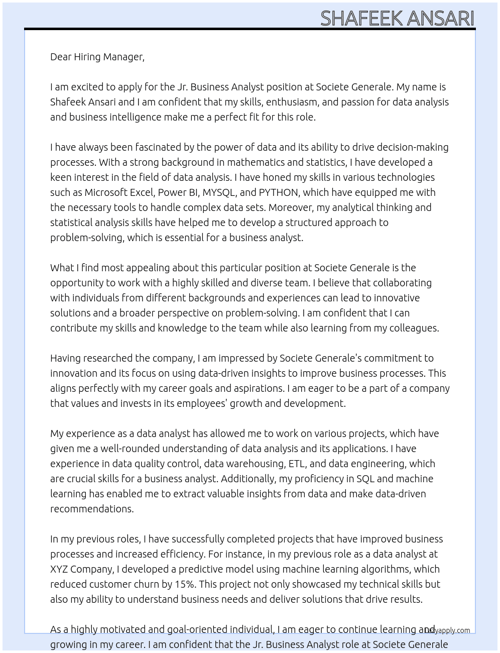 jr. business analyst At Societe Generale Cover Letter
