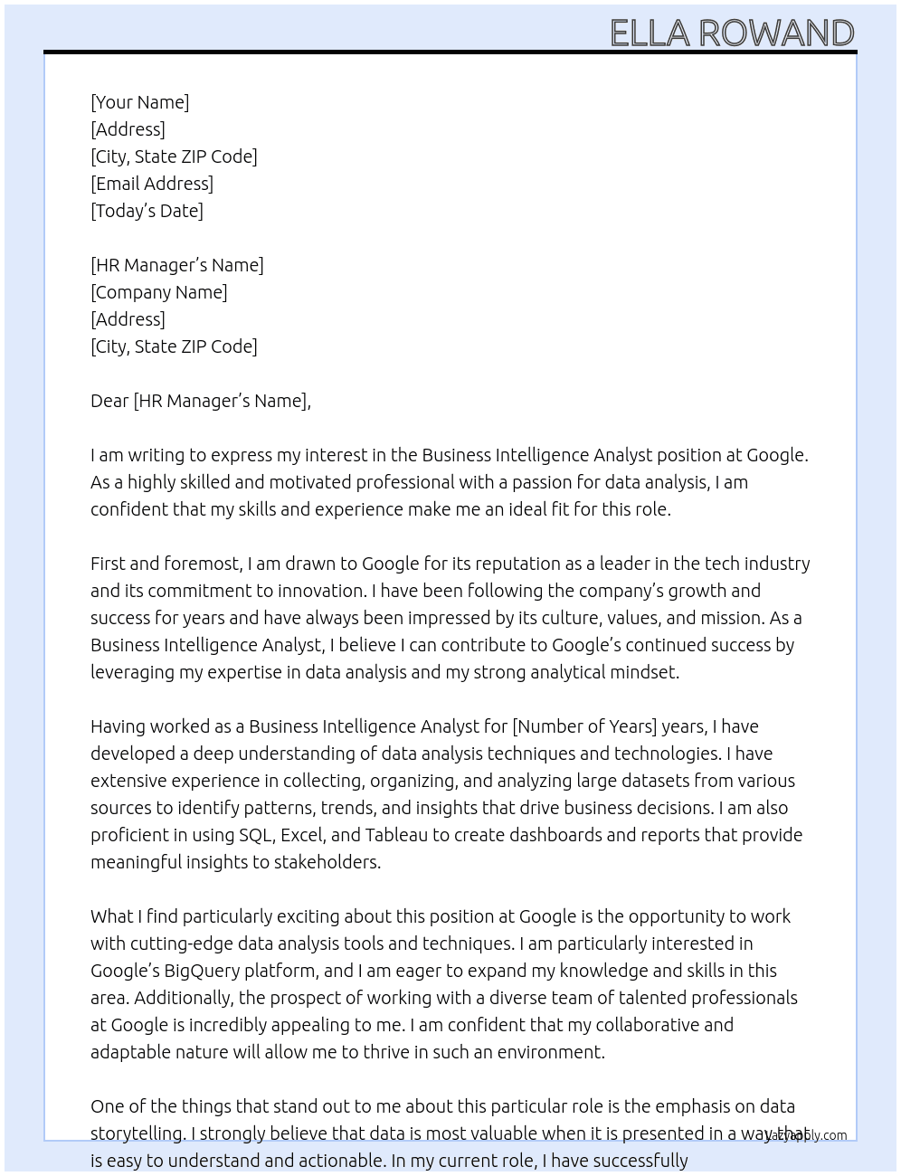 Business Intelligence Analyst At Google Cover Letter