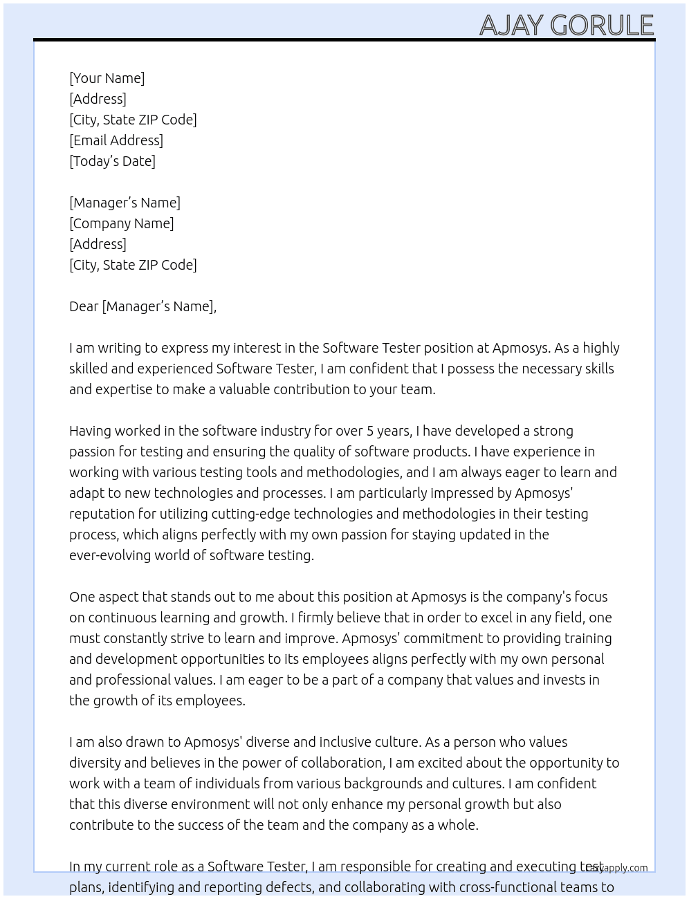 Software Tester At Apmosys Cover Letter