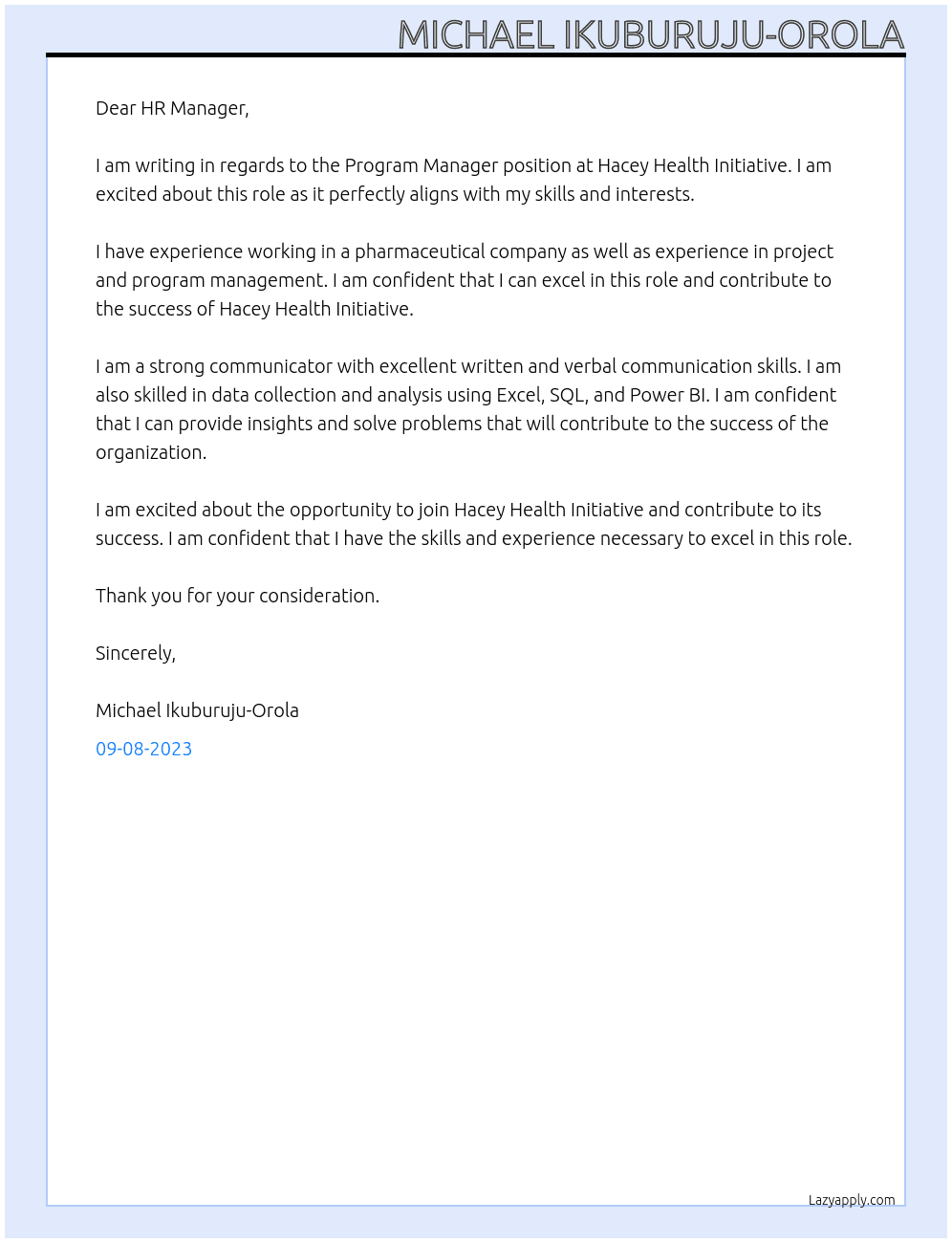 Program Manager At Hacey Health Initiative Cover Letter