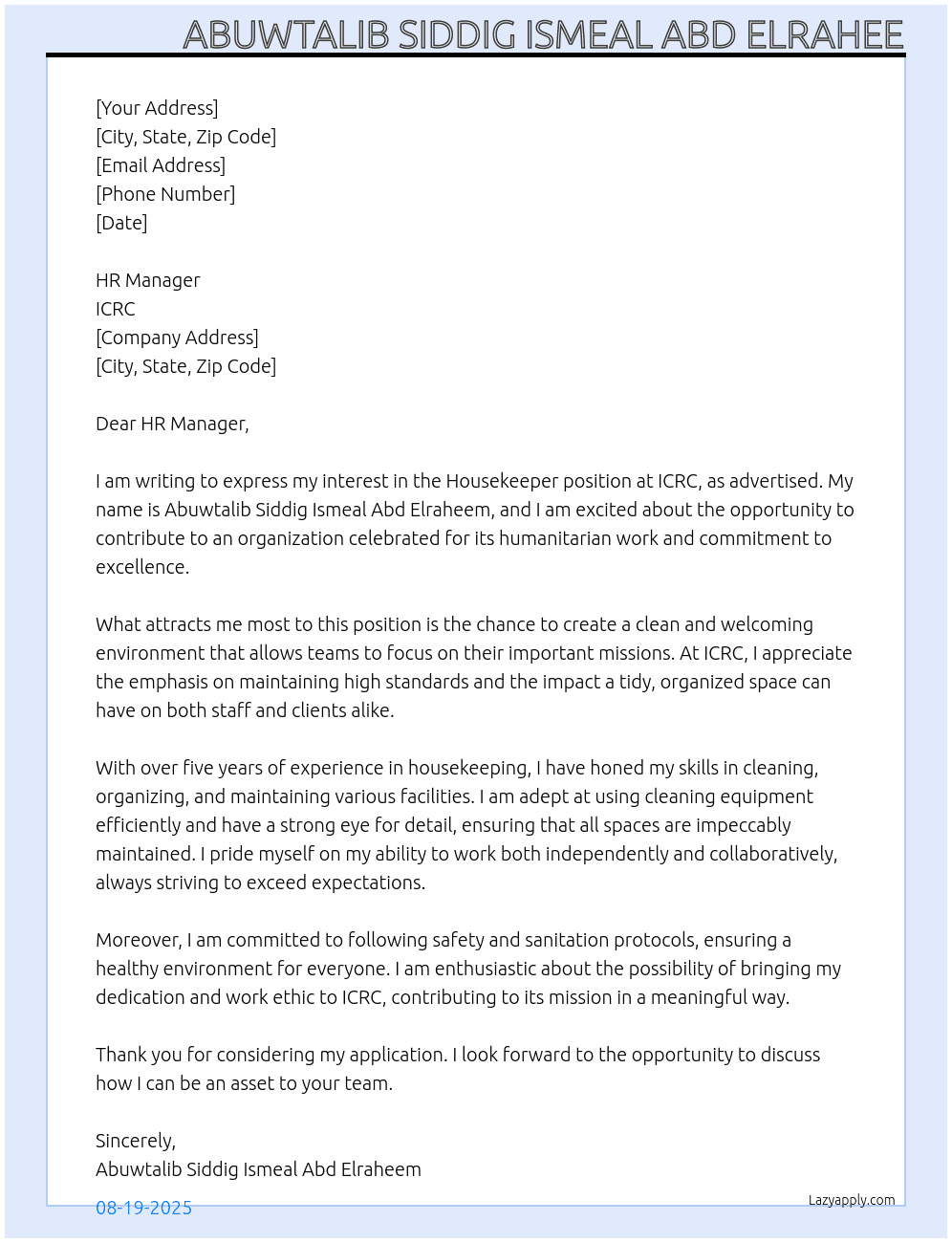 Housekeeper At ICRC Cover Letter