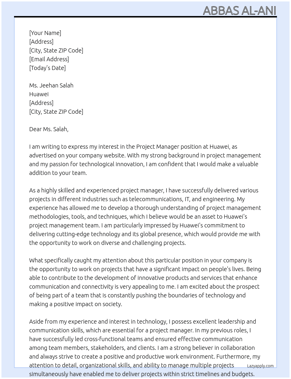 Project Manager At Huawei  Cover Letter