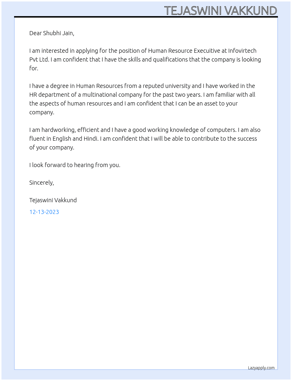 Human Resource Execuitive At Infovirtech Pvt Ltd. Cover Letter