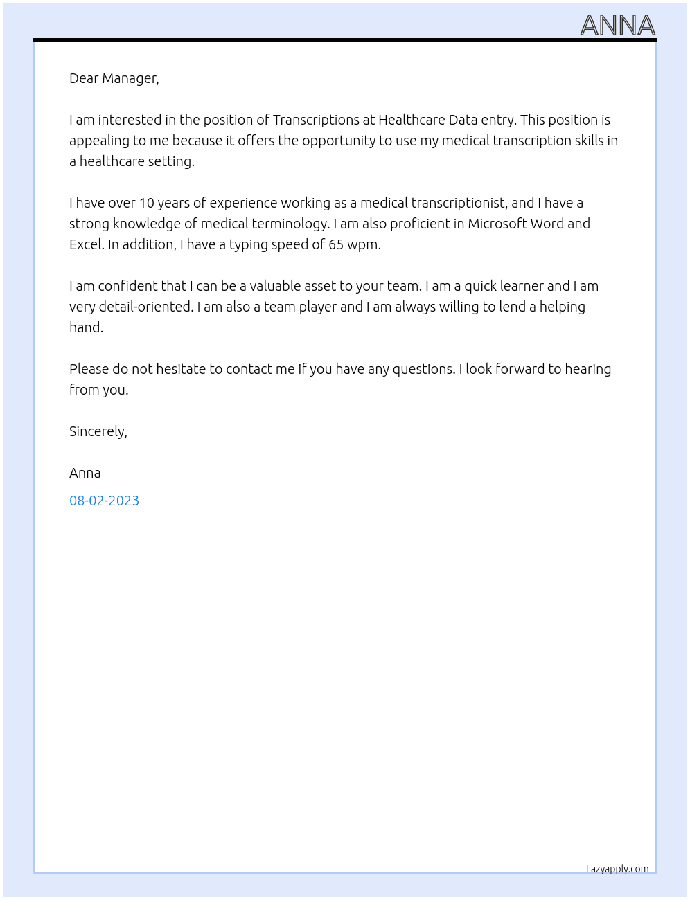 Transcriptions  At Healthcare Data entry  Cover Letter