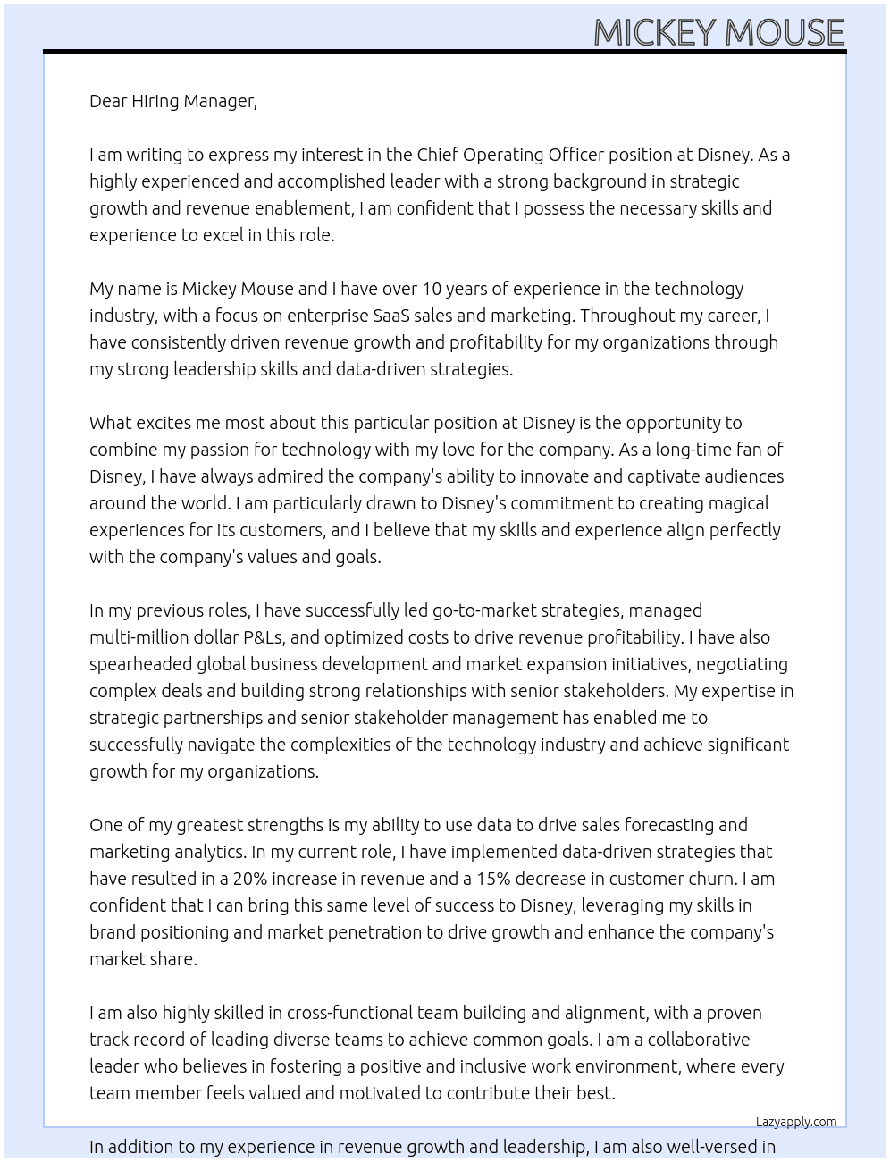 Chief Operating Officer At Disney Cover Letter