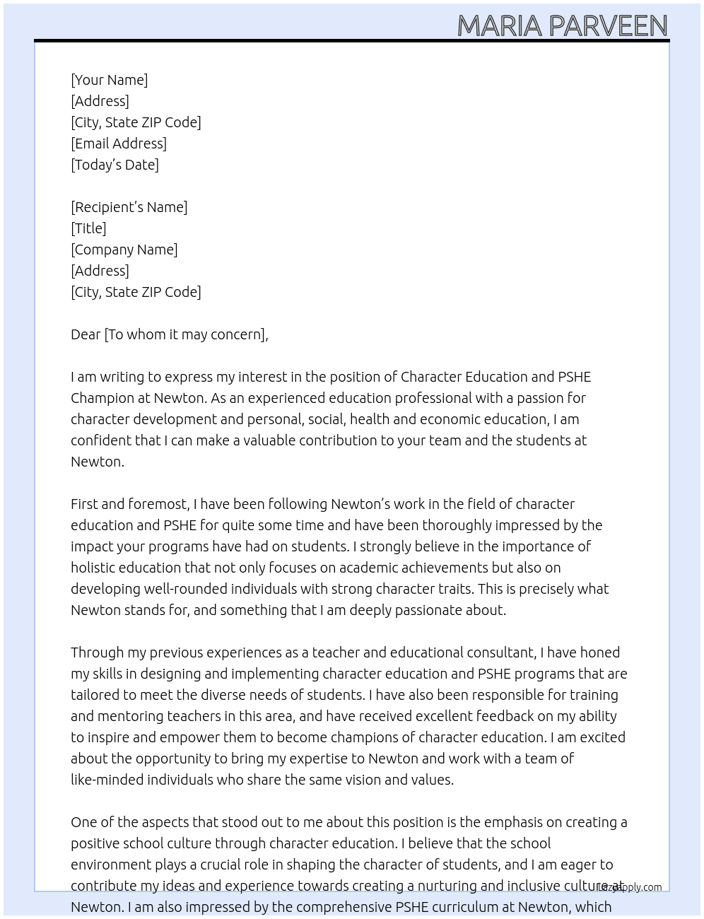 Character education and PSHE champion At Newton Cover Letter