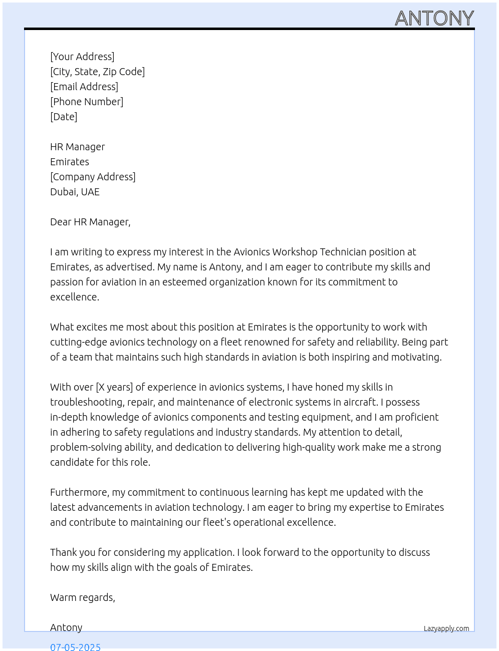 Cover letter for avionics workshop technician - LazyApply