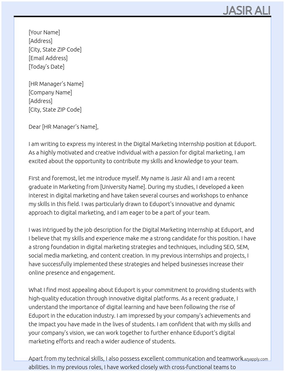 digital marketing internship At eduport Cover Letter
