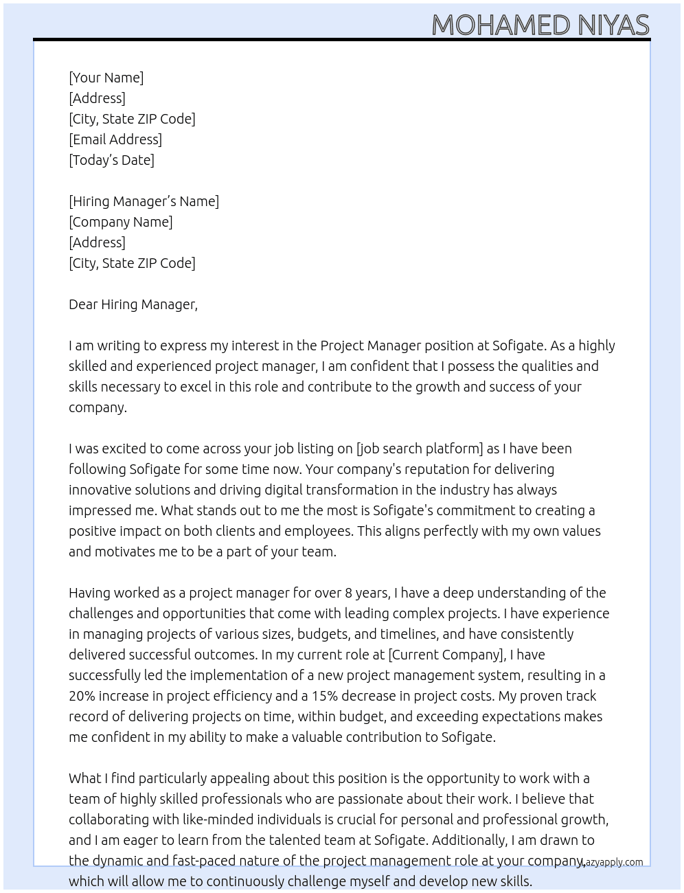 Projet Manager At Sofigate Cover Letter
