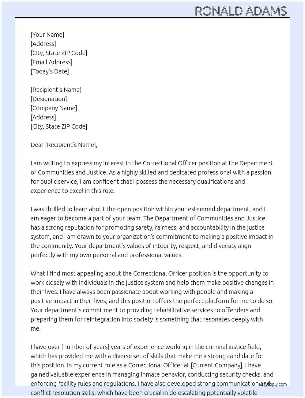 Correctional Officer  At Department of Communities and Justice  Cover Letter