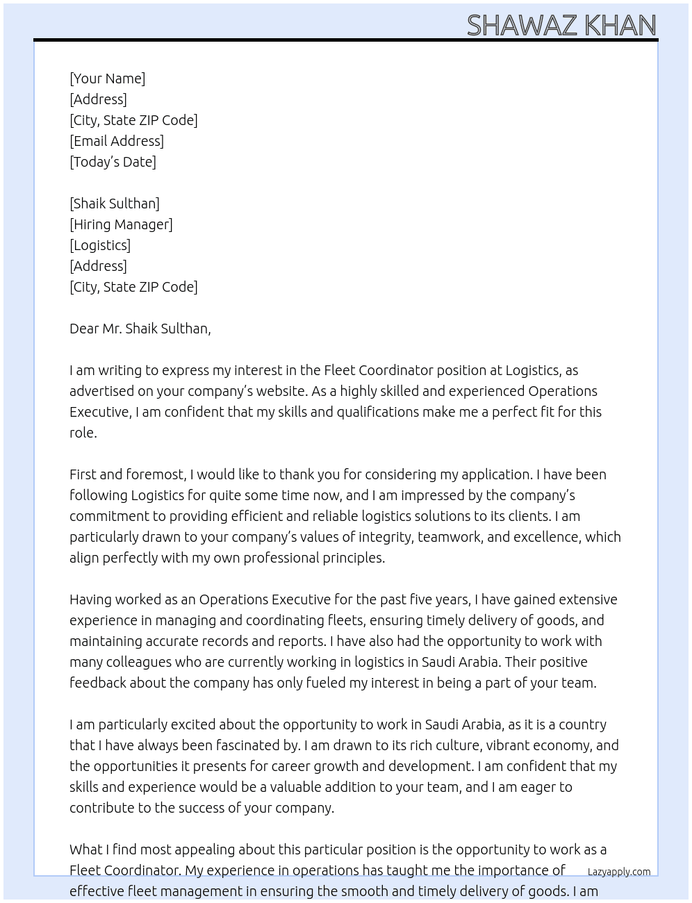  Fleet Coordinator At logistics Cover Letter