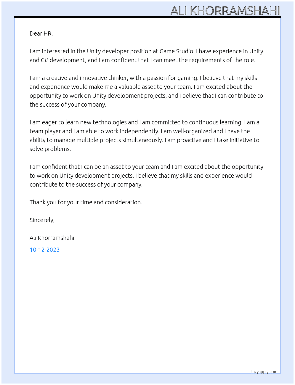 Unity developer At Game Studio Cover Letter