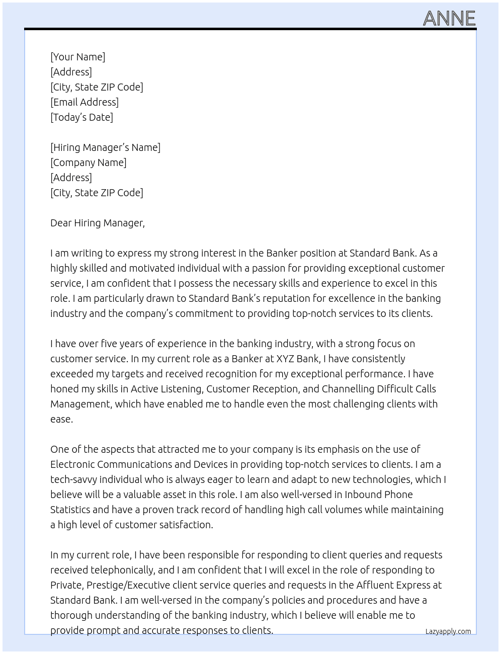 banker At Standard Bank Cover Letter