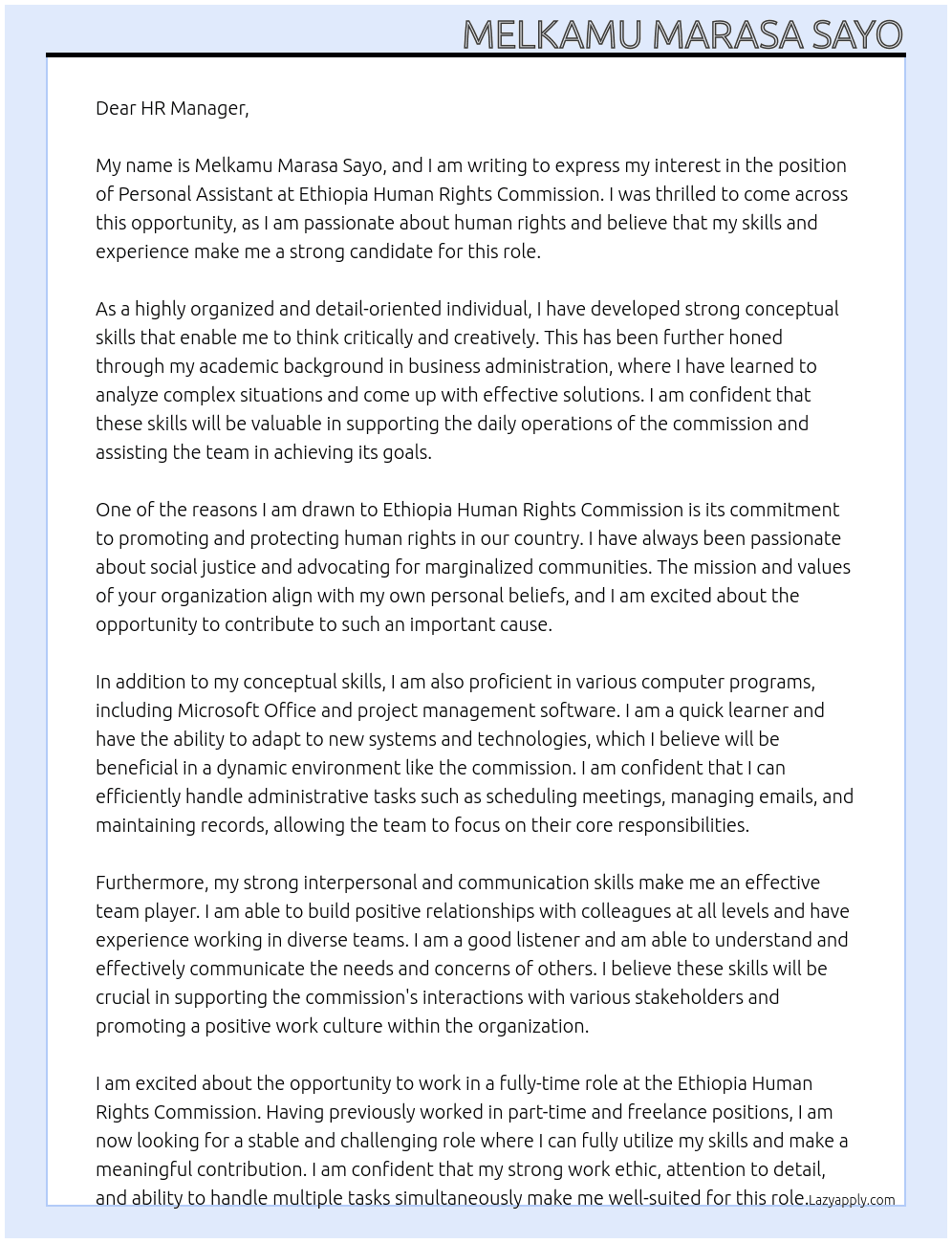 Personal Assistant At Ethiopia Human rights commission  Cover Letter
