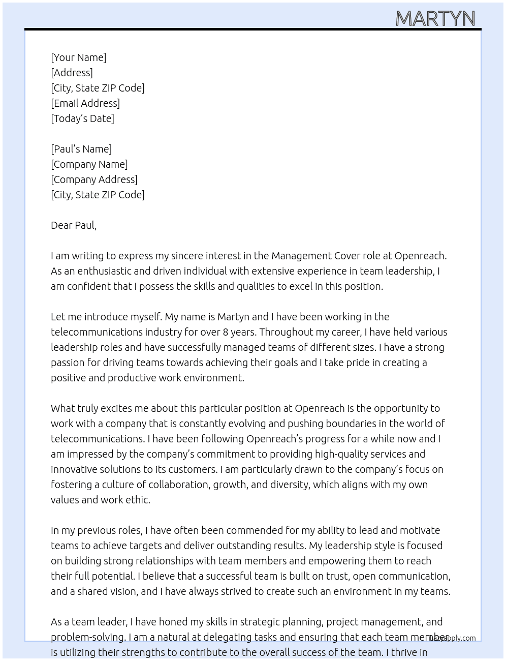 Management cover At Openreach Cover Letter