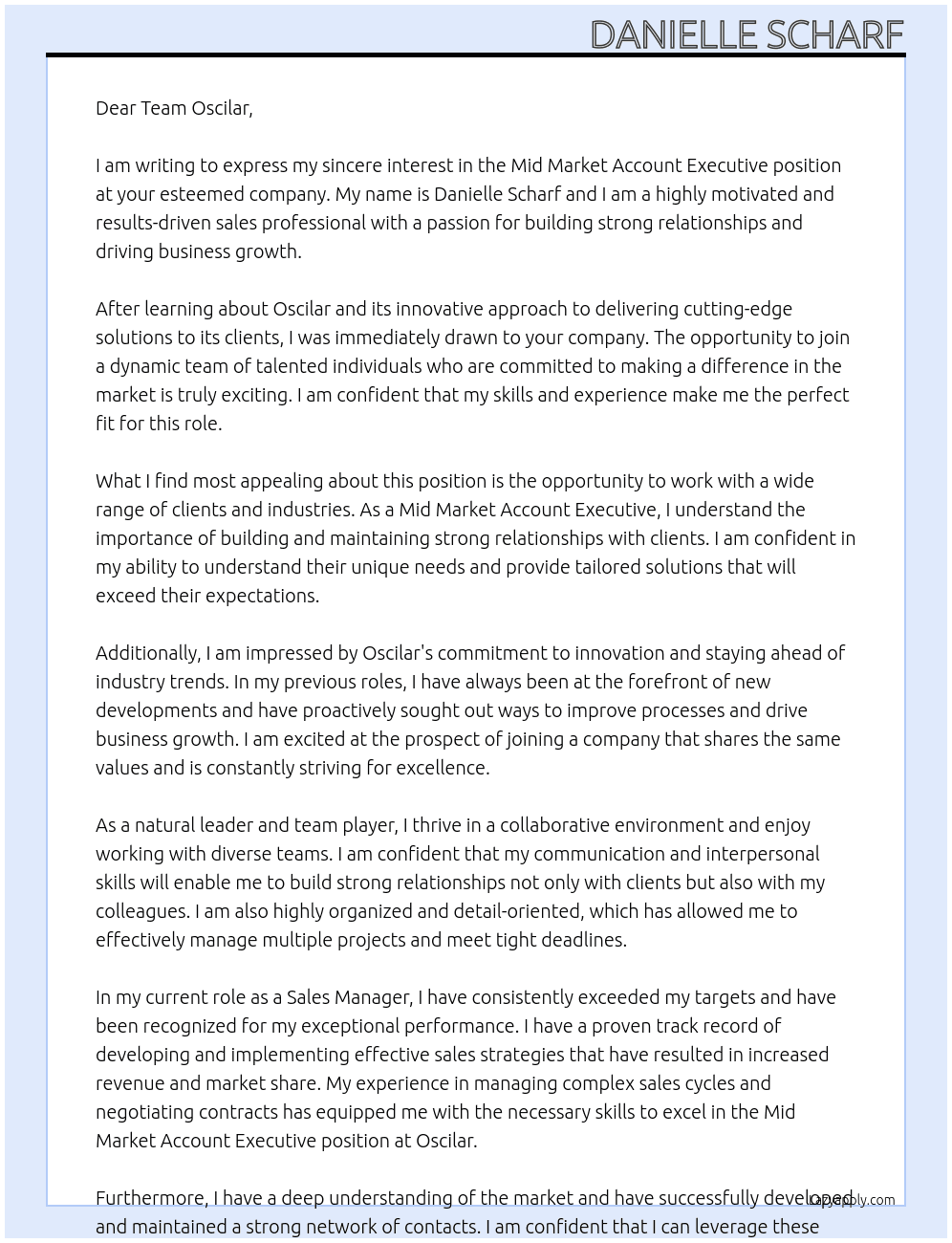 Mid Market Account Executive At Oscilar Cover Letter
