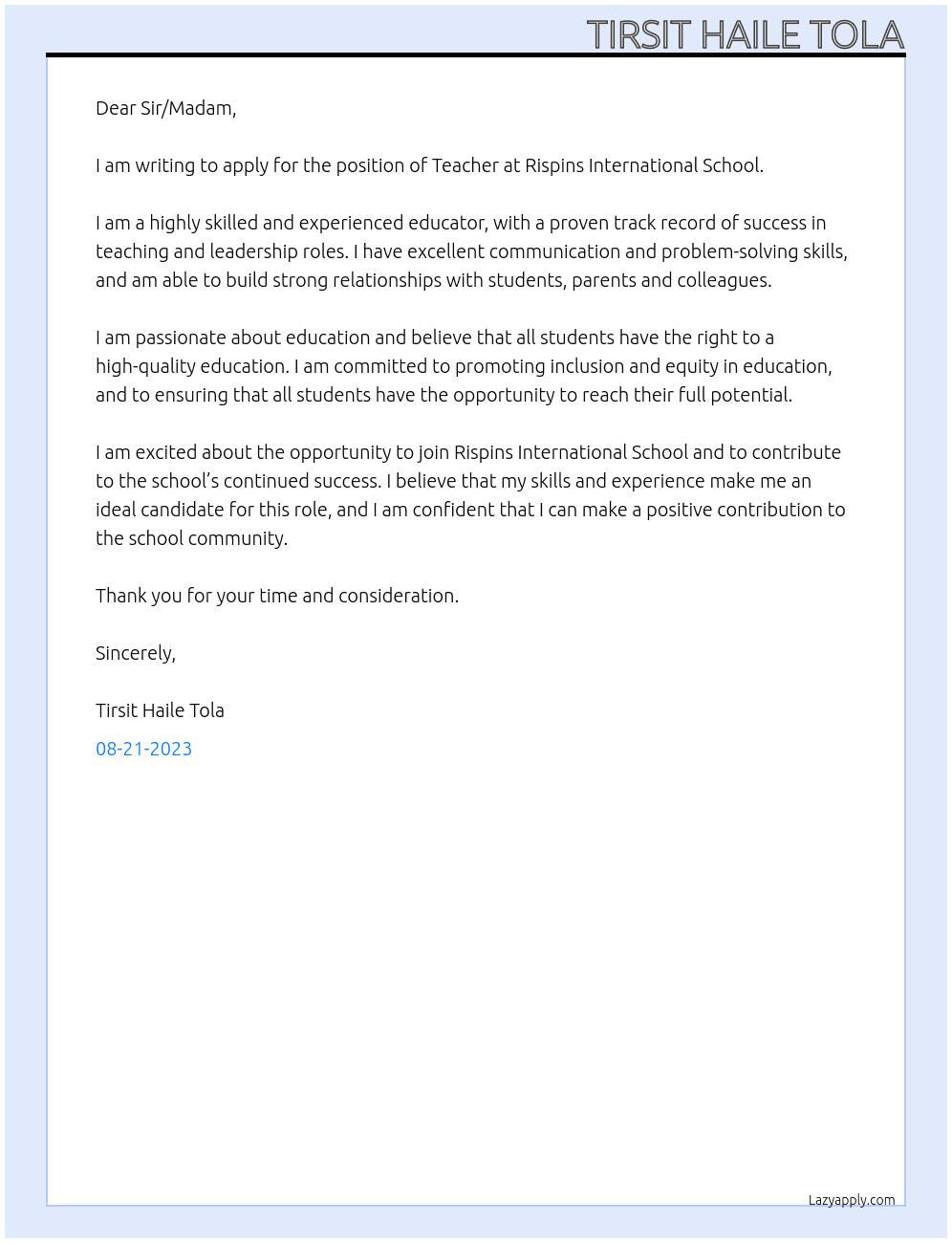 Teaching  At Rispins International School  Cover Letter