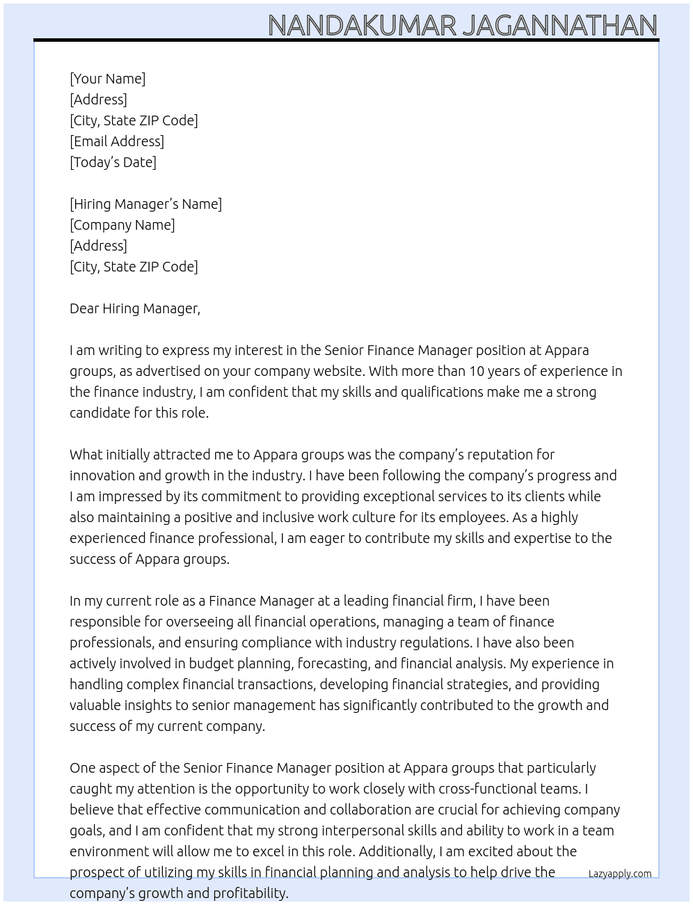 Senior Finance Manager At Appara groups Cover Letter