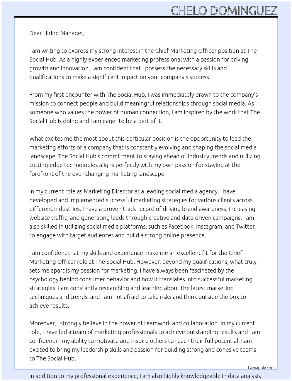 Chief Marketing Officer At The Social Hub Cover Letter