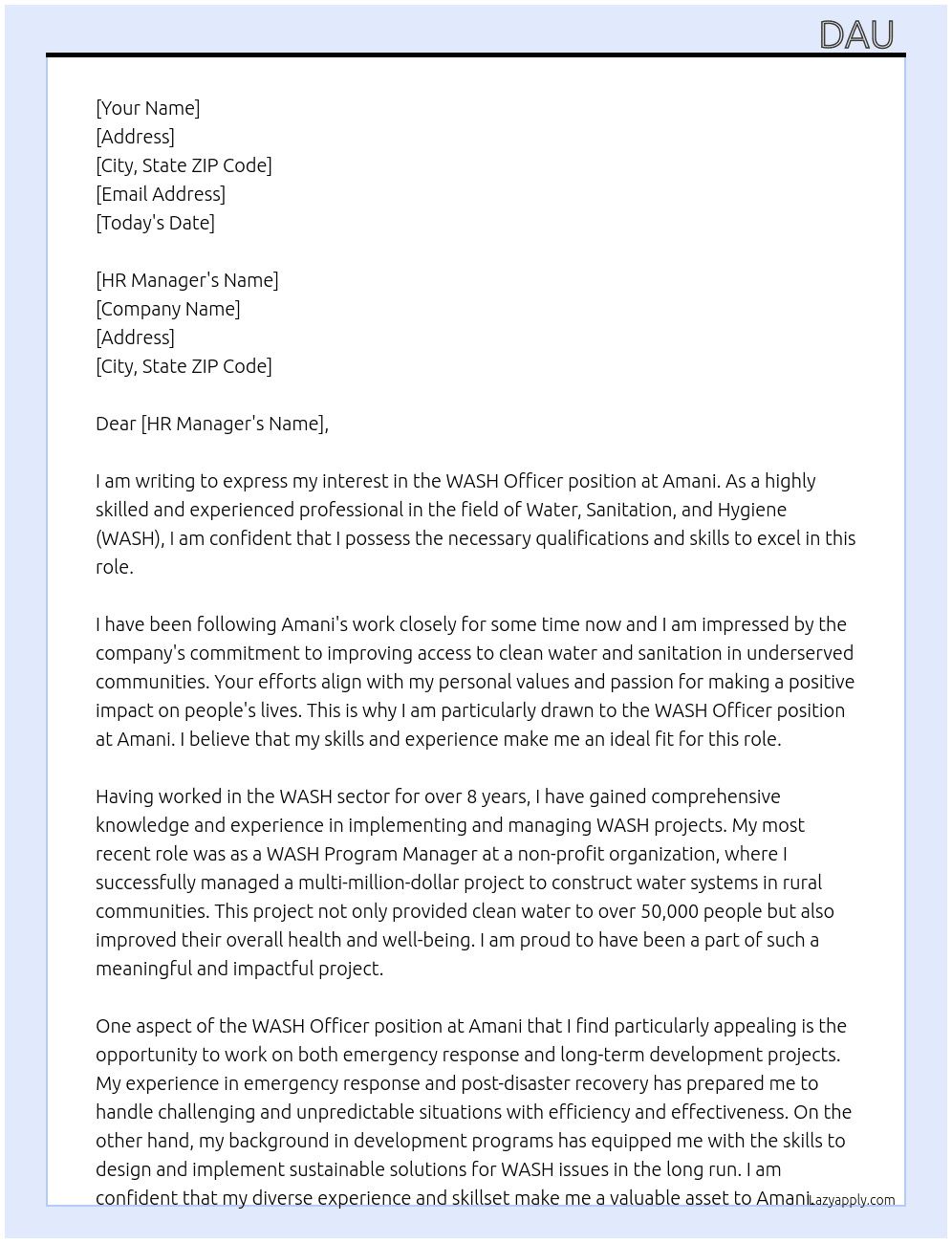 WASH officer At Amani Cover Letter