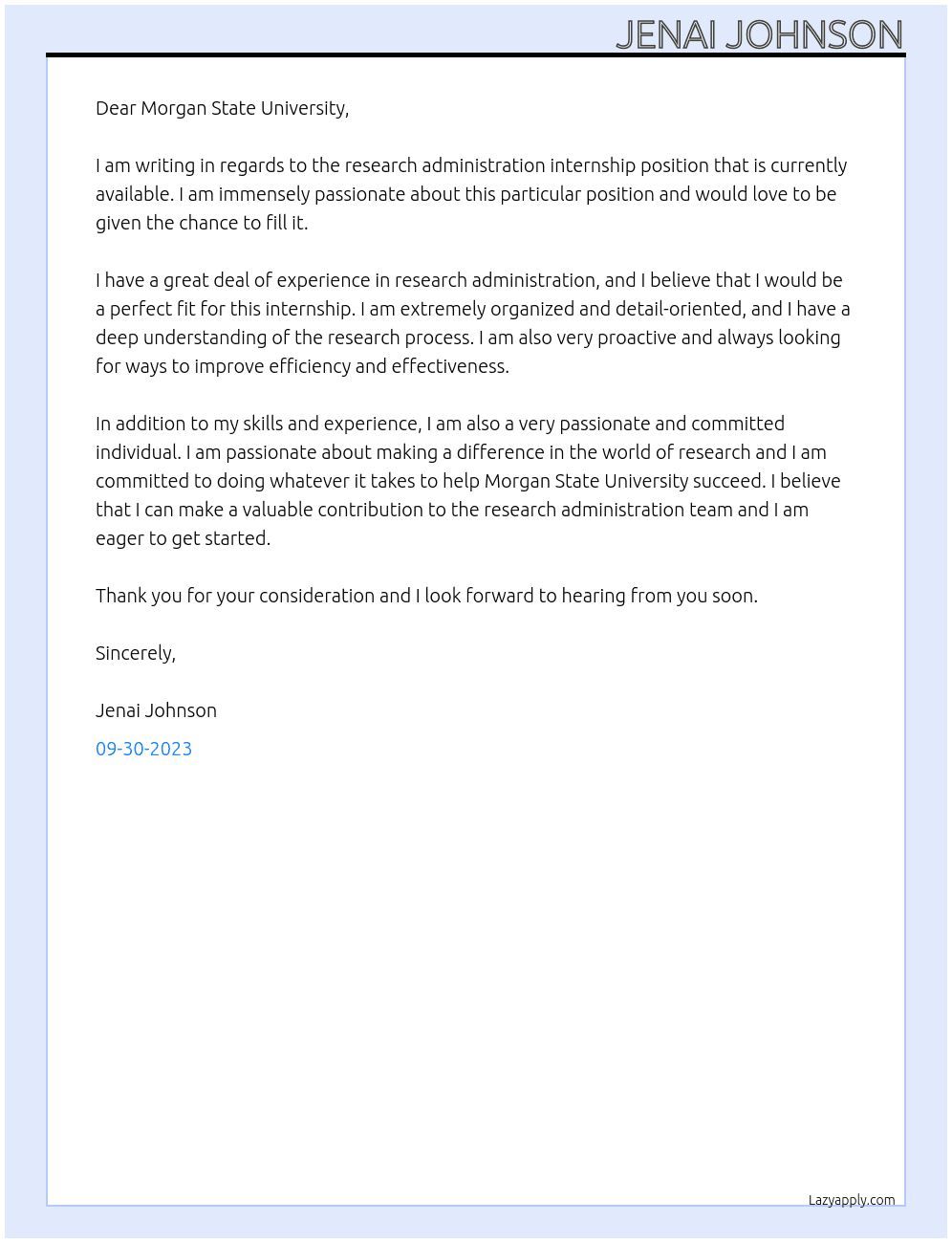 Research Administration Internship At Morgan State University  Cover Letter