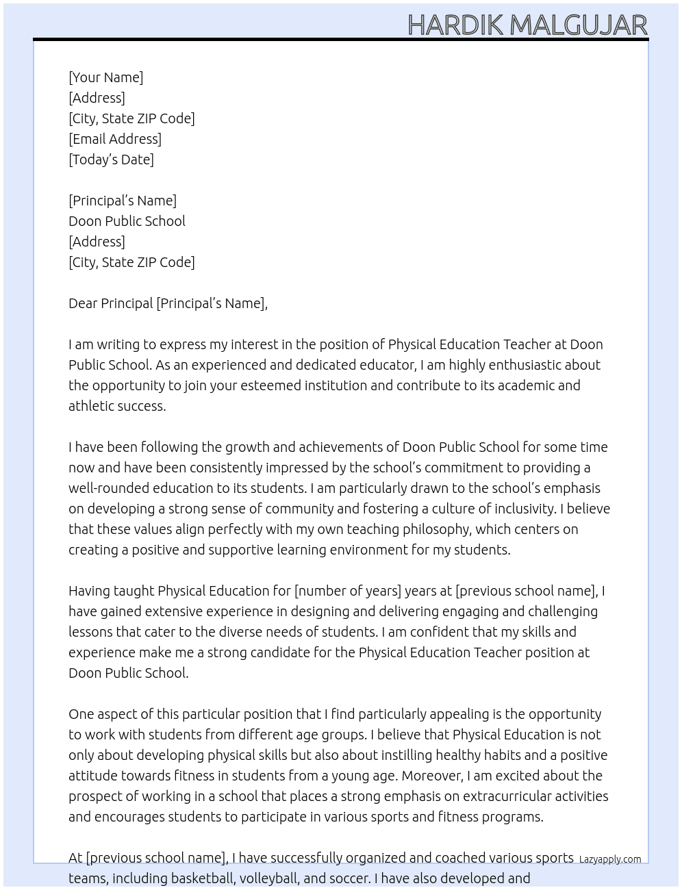physical Education teacher  At Doon public school  Cover Letter