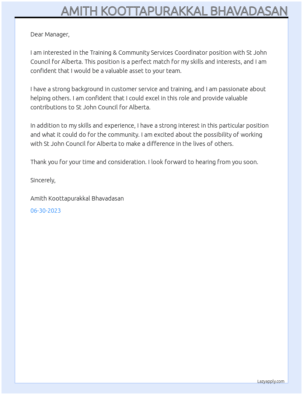 Training & Community Services Coordinator At St John Council for Alberta Cover Letter