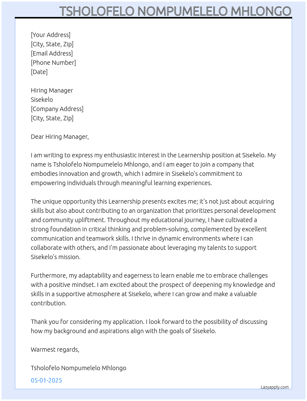 Learnership  At Sisekelo Cover Letter