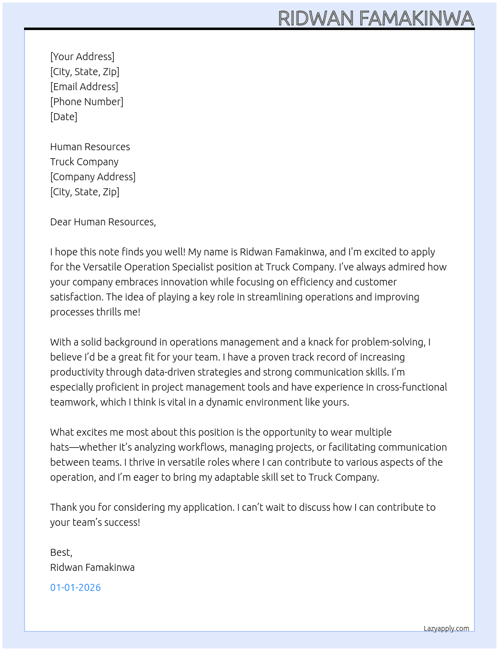 versatile operation specialist At truck company Cover Letter