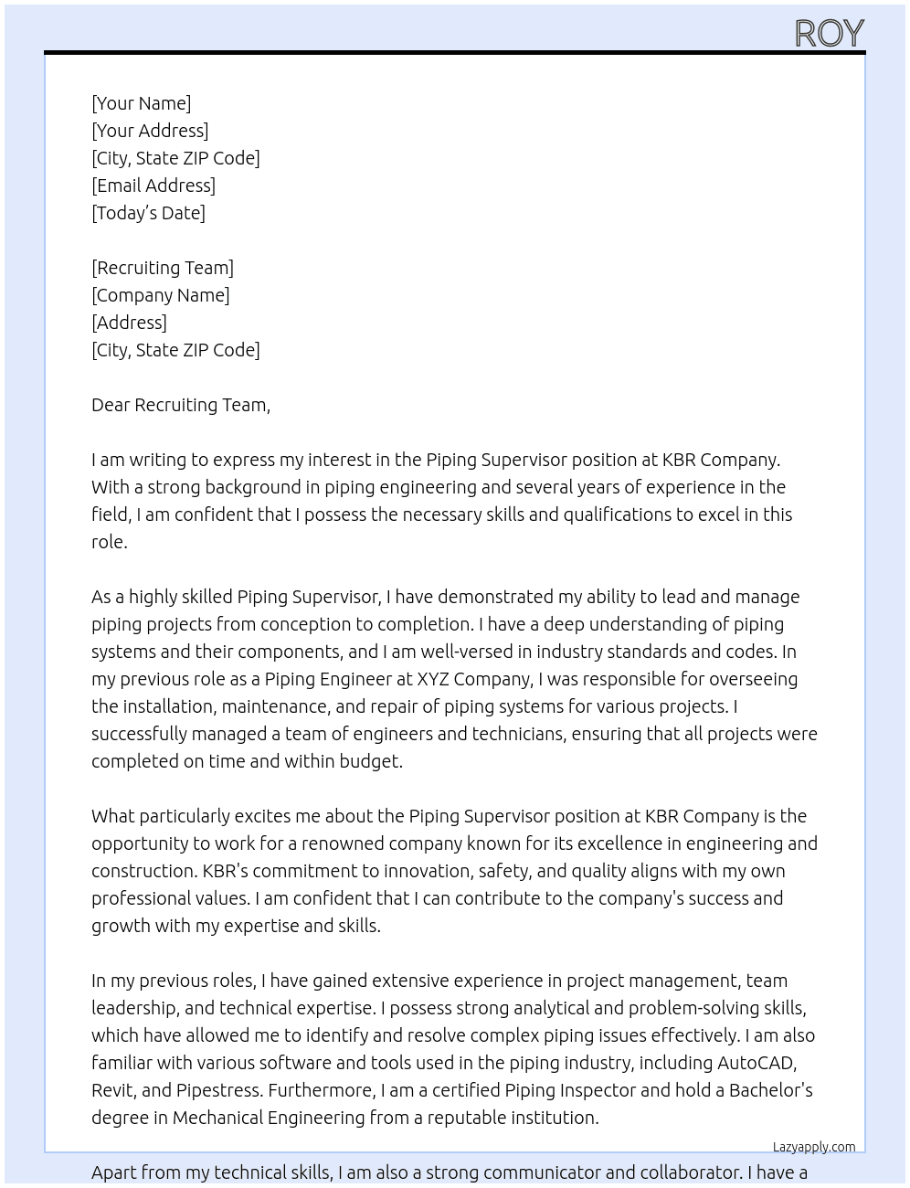 Piping Supervisor  At Kbr compnany Cover Letter