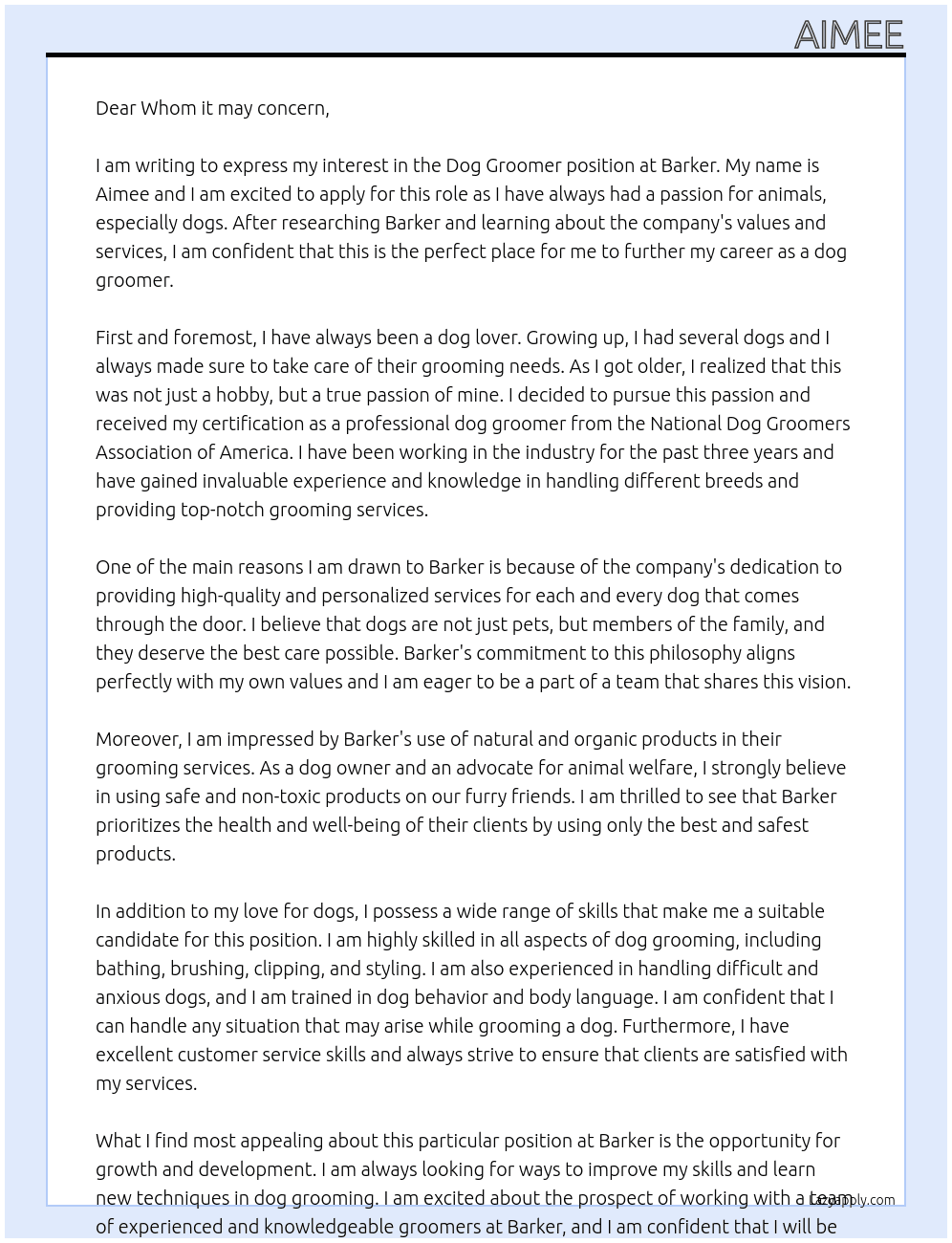 Dog groomer At Barker Cover Letter