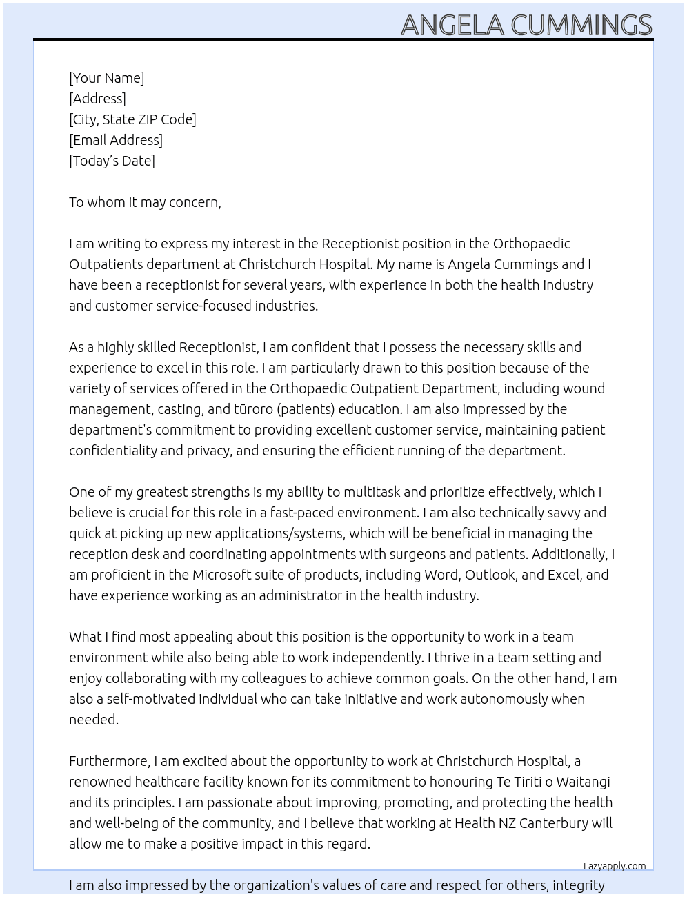 Receptionist - Orthopaedic Outpatients At Christchurch Hospital Cover Letter
