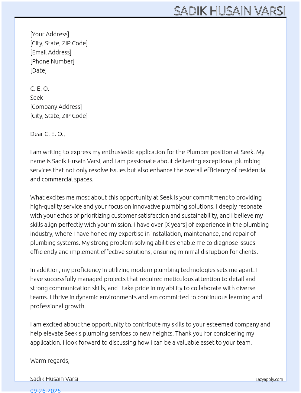 plumber At seek Cover Letter