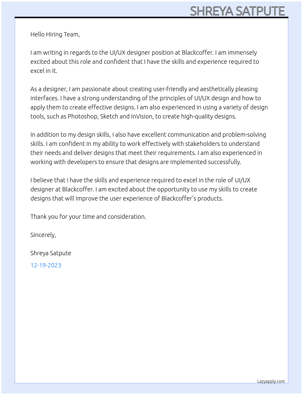 UI/UX designer  At Blackcoffer Cover Letter