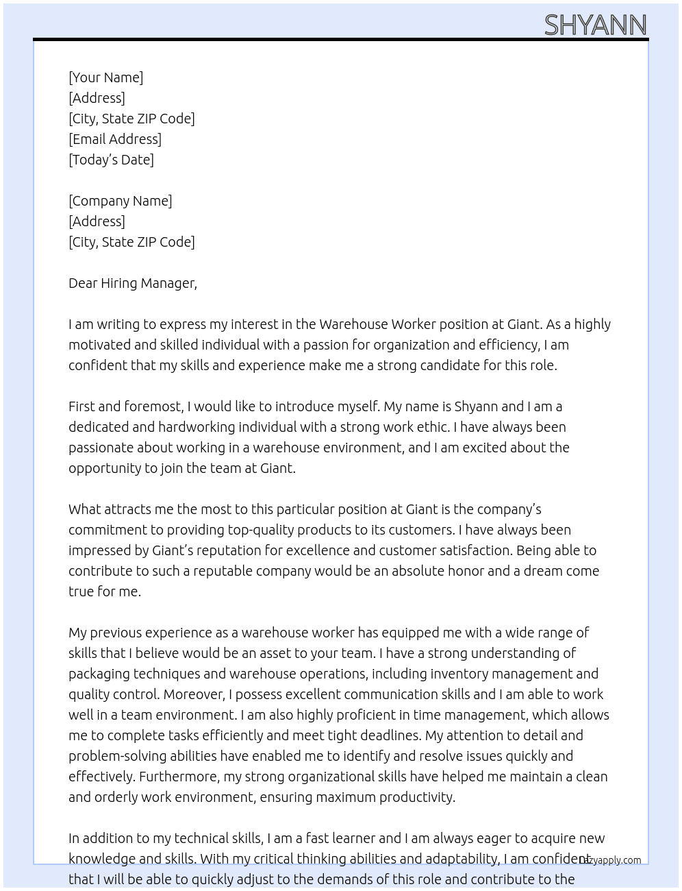 Warehouse worker At Giant Cover Letter