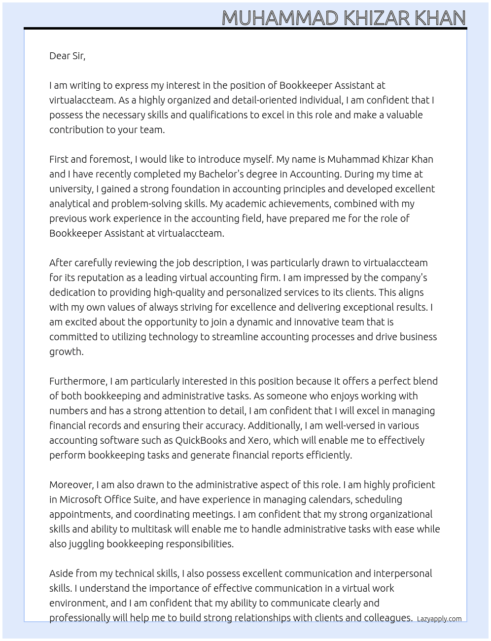Bookkeeper Assistant At virtualaccteam Cover Letter