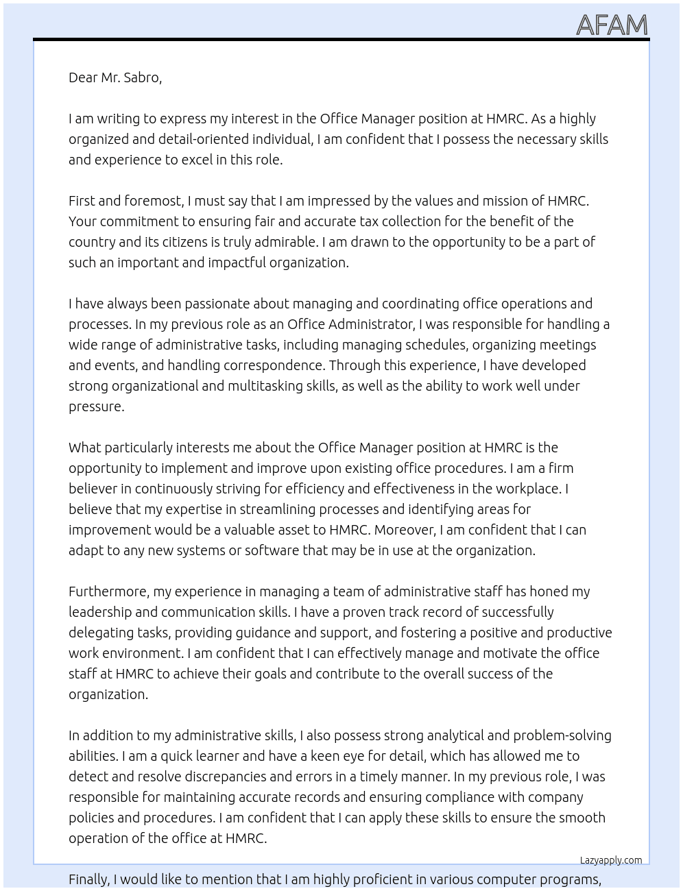 Office Manager At HMRC Cover Letter