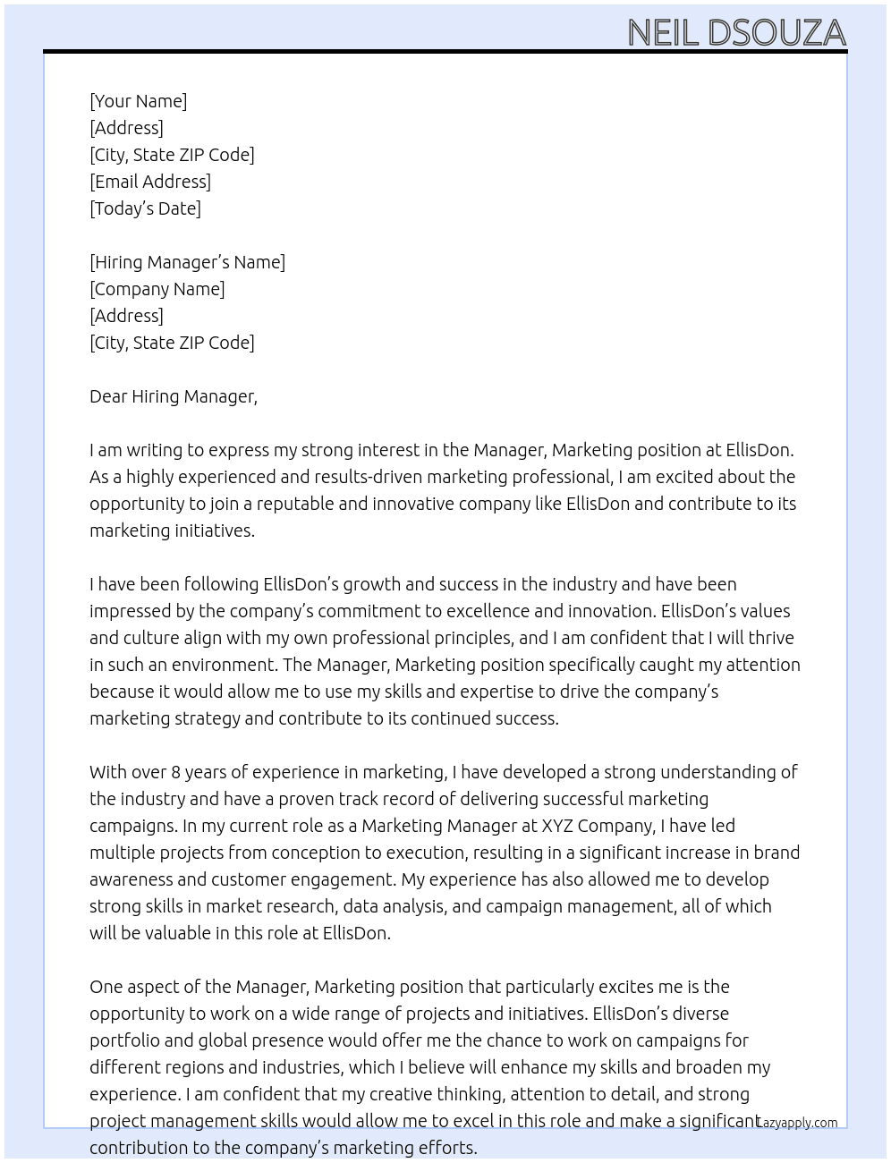 Manager, Marketing At EllisDon Cover Letter