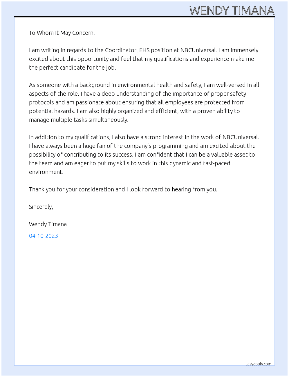 Coordinator, EHS At NBCUniversal Cover Letter
