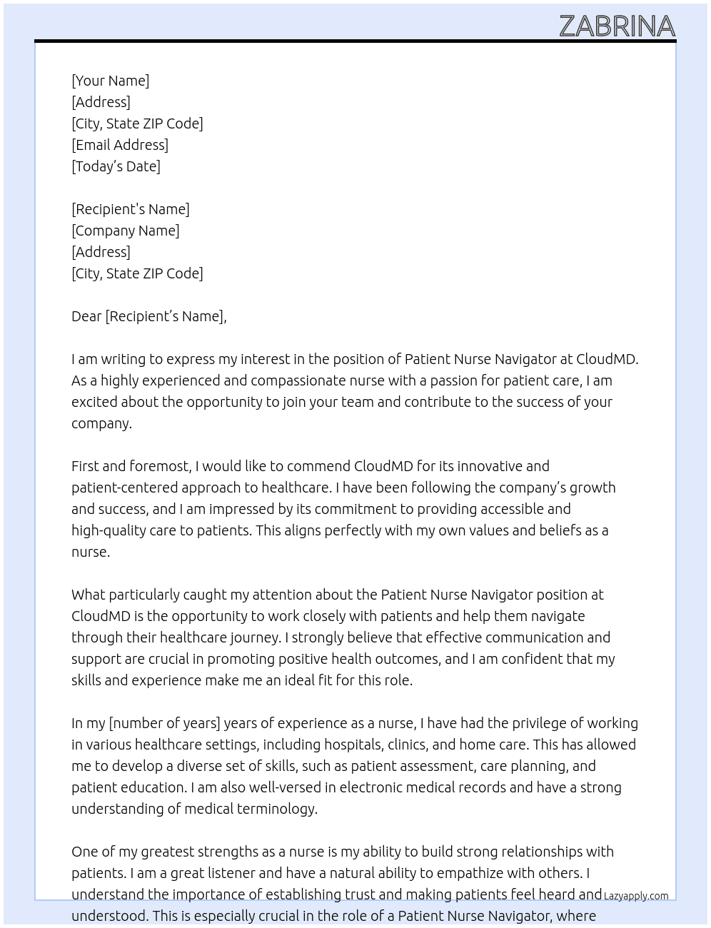 Patient Nurse Navigator At CloudM Cover Letter